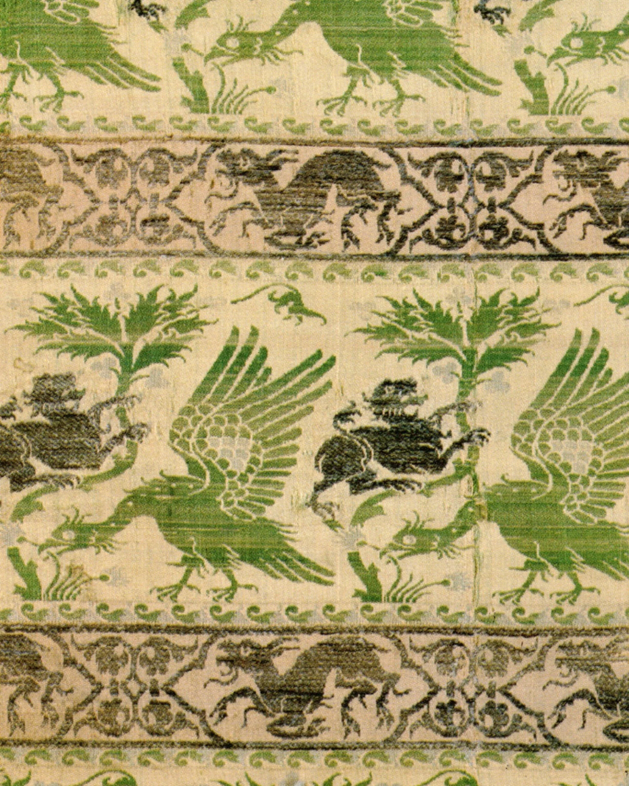 Tessuto a bande orizzontali con fenici, lampasso, seta e filo metallico, Lucca, prima metà del XIV secolo (Riggisberg, Abegg-Stiftung)
Textile with horizontal bands featuring phoenixes, lampas, silk and metal thread, Lucca, first half of the 14th century (Riggisberg, Abegg-Stiftung)